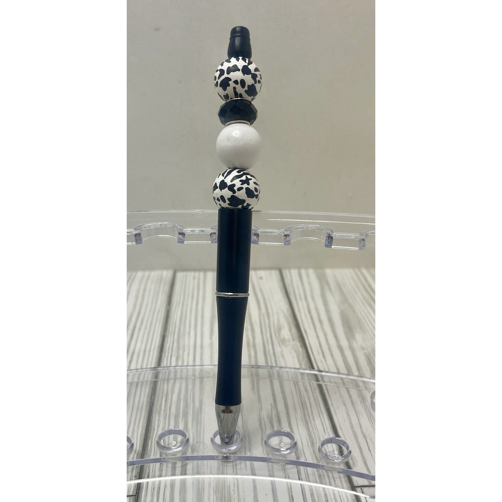 Cow Print Black And White Beaded Pen. Black Ink
